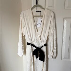 Zara Cream Wrap Jumpsuit with Black Tie